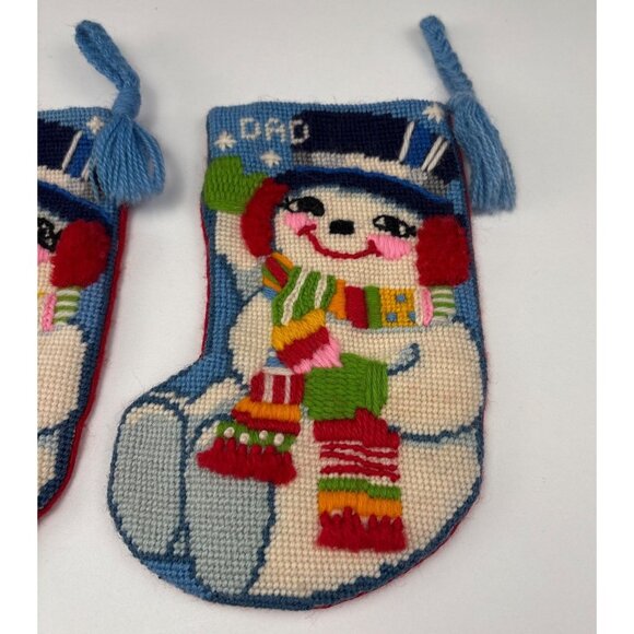 Handmade Needlepoint Snowman Mini Christmas Stockings Mom Dad Set Bright Colors - Picture 3 of 10